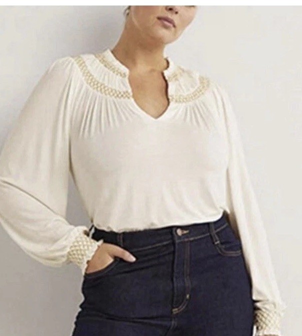 Boden Ivory Smocked Sz 14 Yoke Gold Metallic Embroidered Peasant Blouse Boho NWT