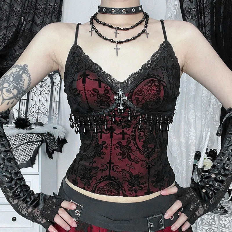 Gothic Vintage Flocking Camisole Women Fairycore Grunge Y2K Lace Crop Tops