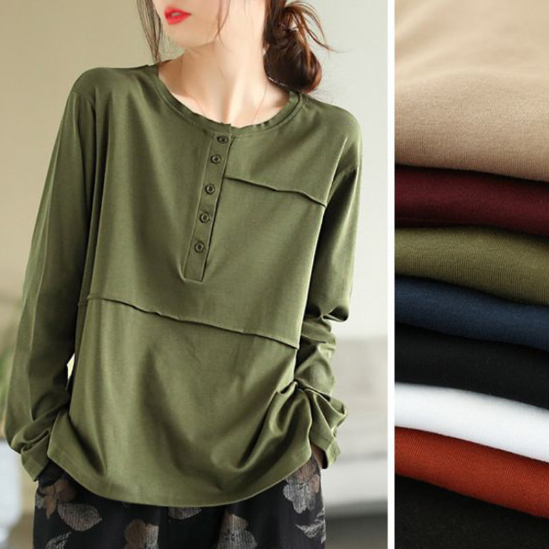 Women’s Vintage Crew-Neck Long-Sleeved T-Shirt Loose Slimming Tops Solid Color