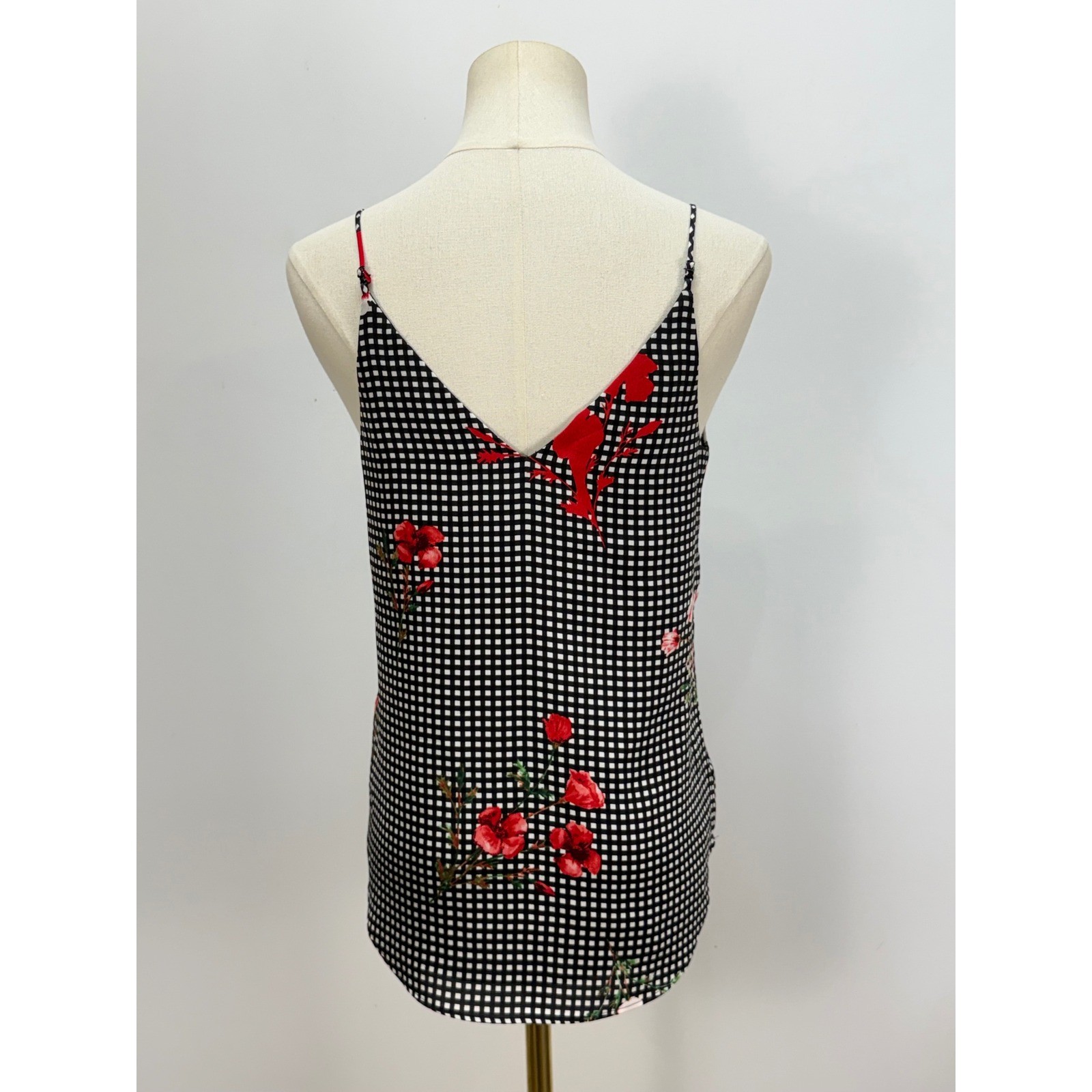 Express Gingham Floral Cami Tank Top Black White Red V-Neck Spaghetti Strap XS