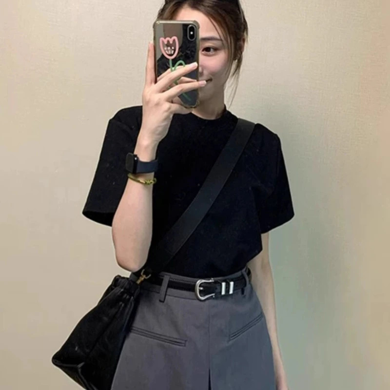 Summer Women’s Retro Black Pure Cotton Short Sleeve Casual T Shirt Top