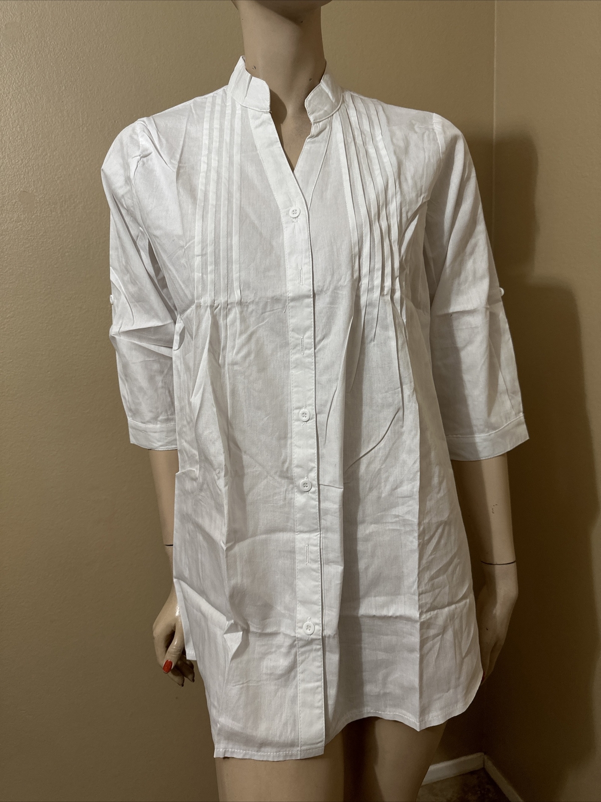 Women’s White Cotton Casual Pleated Oversized Size L Button-up Blouse Top Tunic