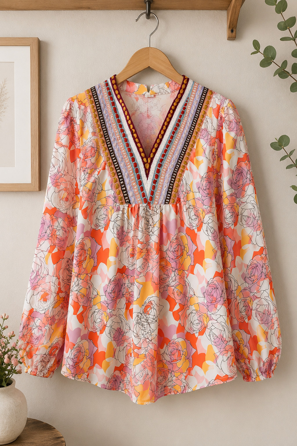 SYNZ Floral Print V-Neck Long Sleeve Shift Blouse Women’s Pale Blush Top