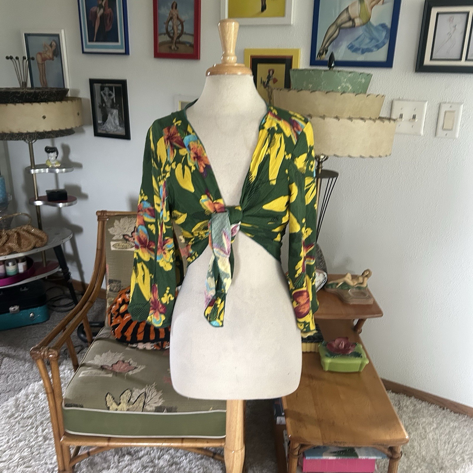 Retro Blouse | Tropical Floral Print | Tie Front | 40s Style | L XL | Loco Lindo