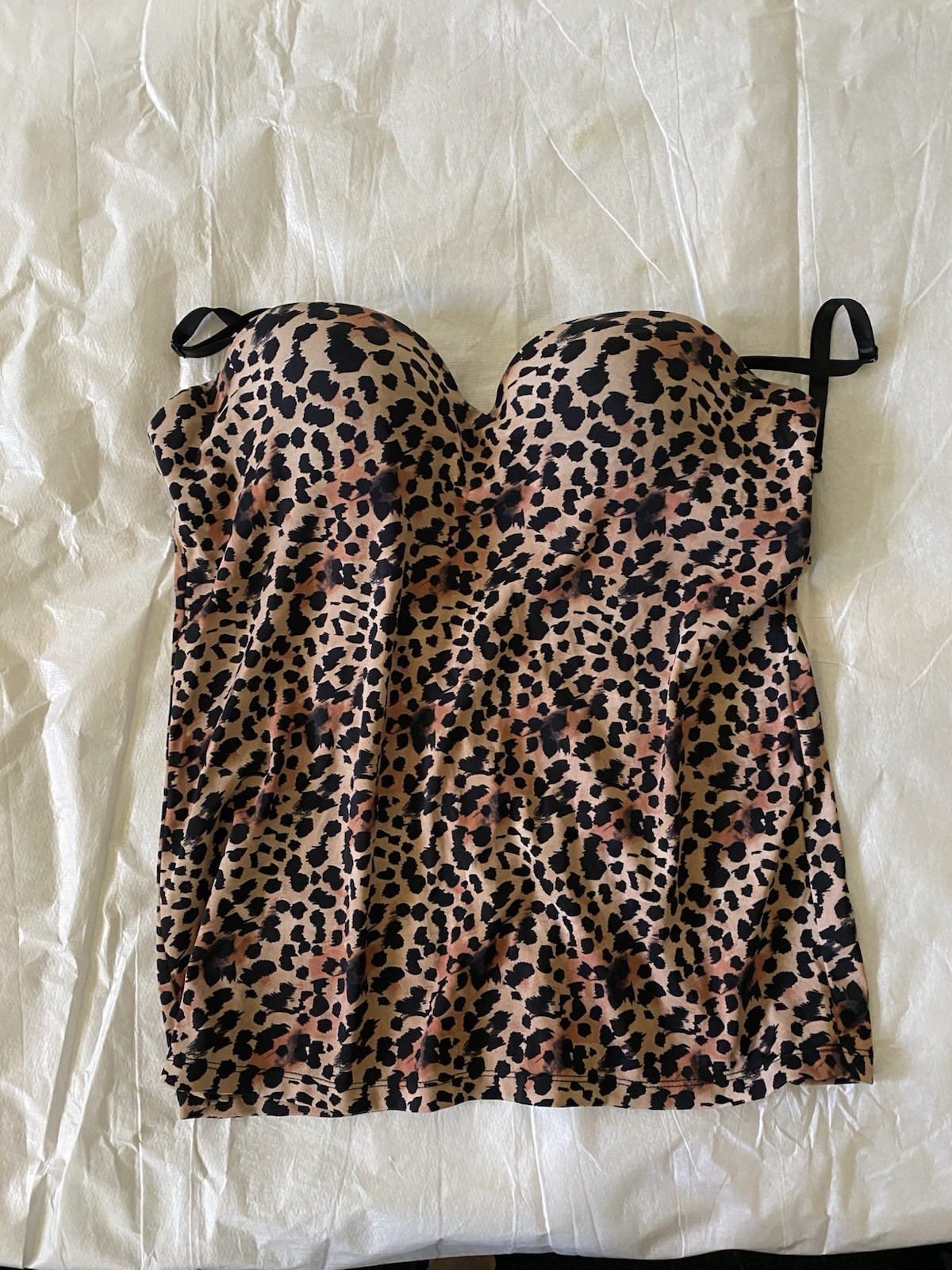 Leopard Print Bandeau Tankini Top Brown Black Spaghetti Straps Structured Cups