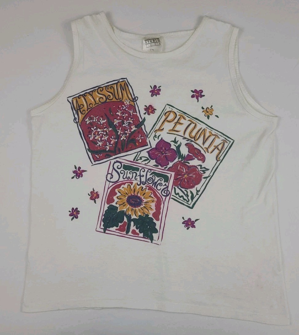 Vintage 90s Garden Flower Seed Packs Print Tank Top USA Vtg Art Work WORN READ*