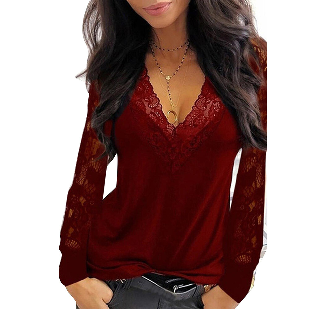 ⭐⭐⭐⭐⭐Women Winter Inner Lace V Neck T Shirt Loose Casual Blouse Long Sleeve Tops
