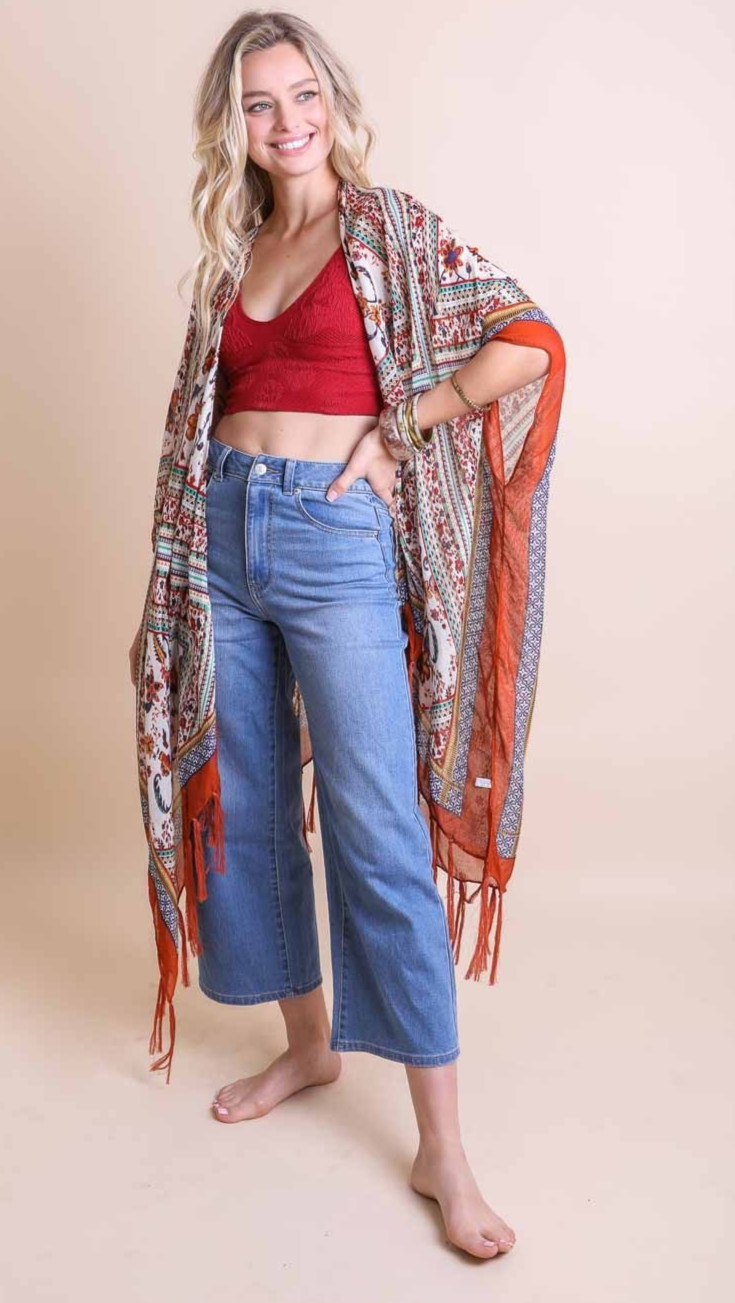 Rust Bohemian Diamond Tassel Tapestry Printed Open Kimono Wrap Top One Size