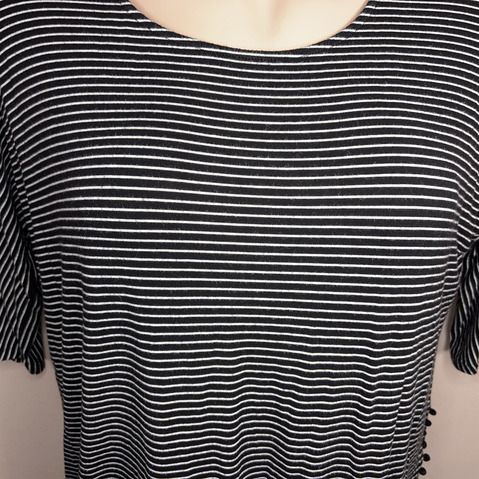 1x Isela Black White Striped Top Pom Pom Accent Goth Preppy Stretch Casual