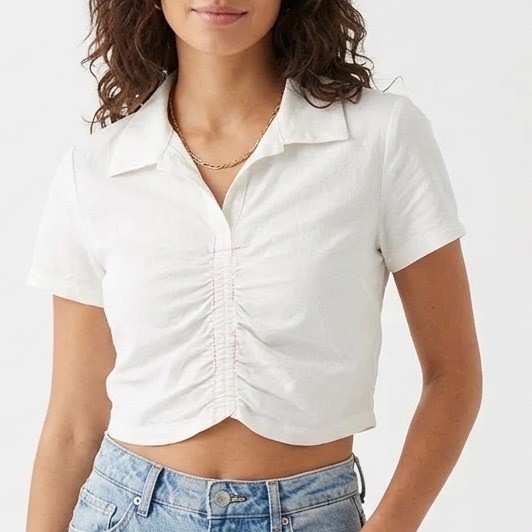 Zara Crop Shirt Womens S White Cotton Ruched Detailing Spread Collar Button Up