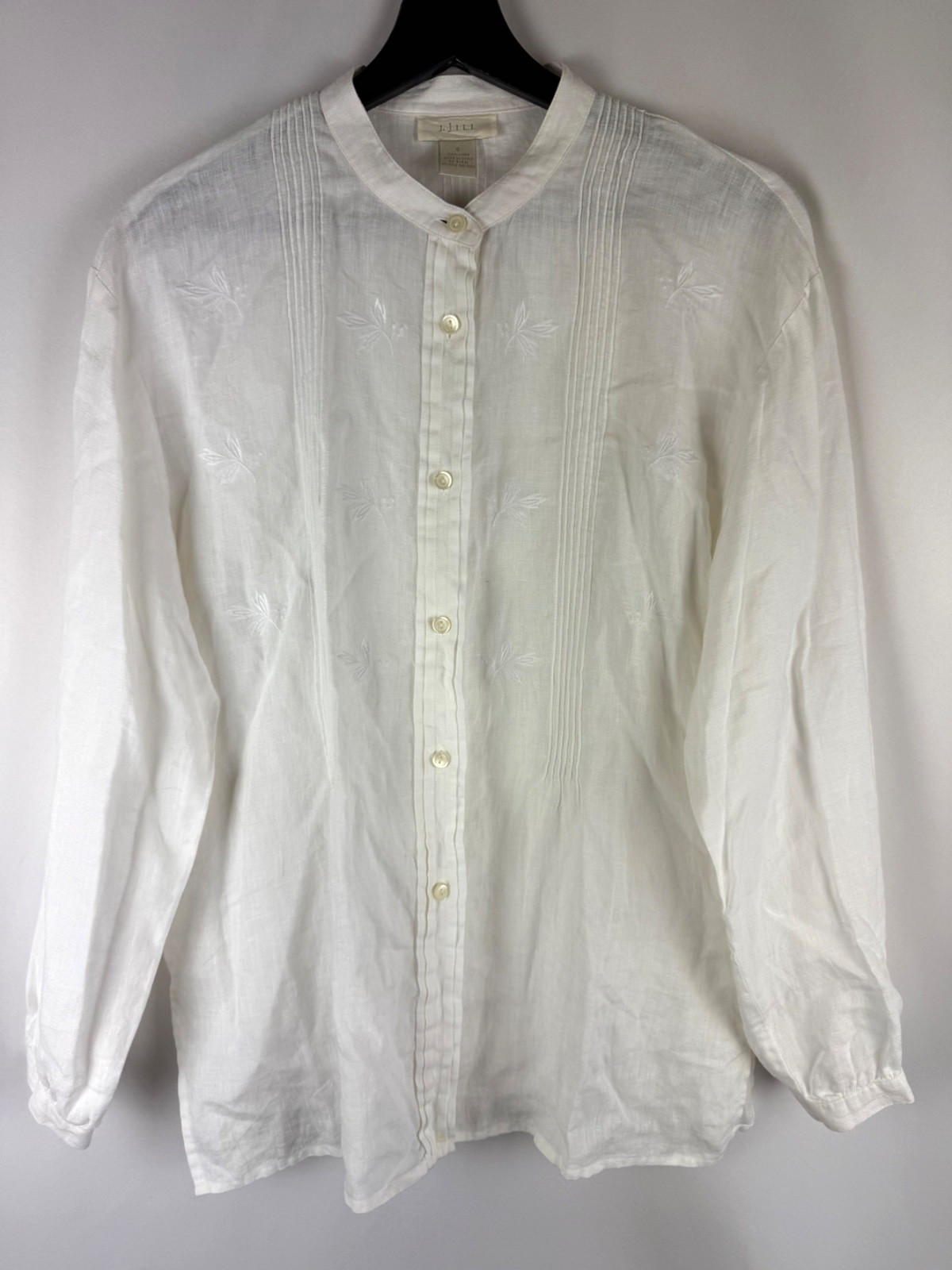 J. Jill Vintage White Pleated Embroidered Collared Button 100% Linen Shirt Small
