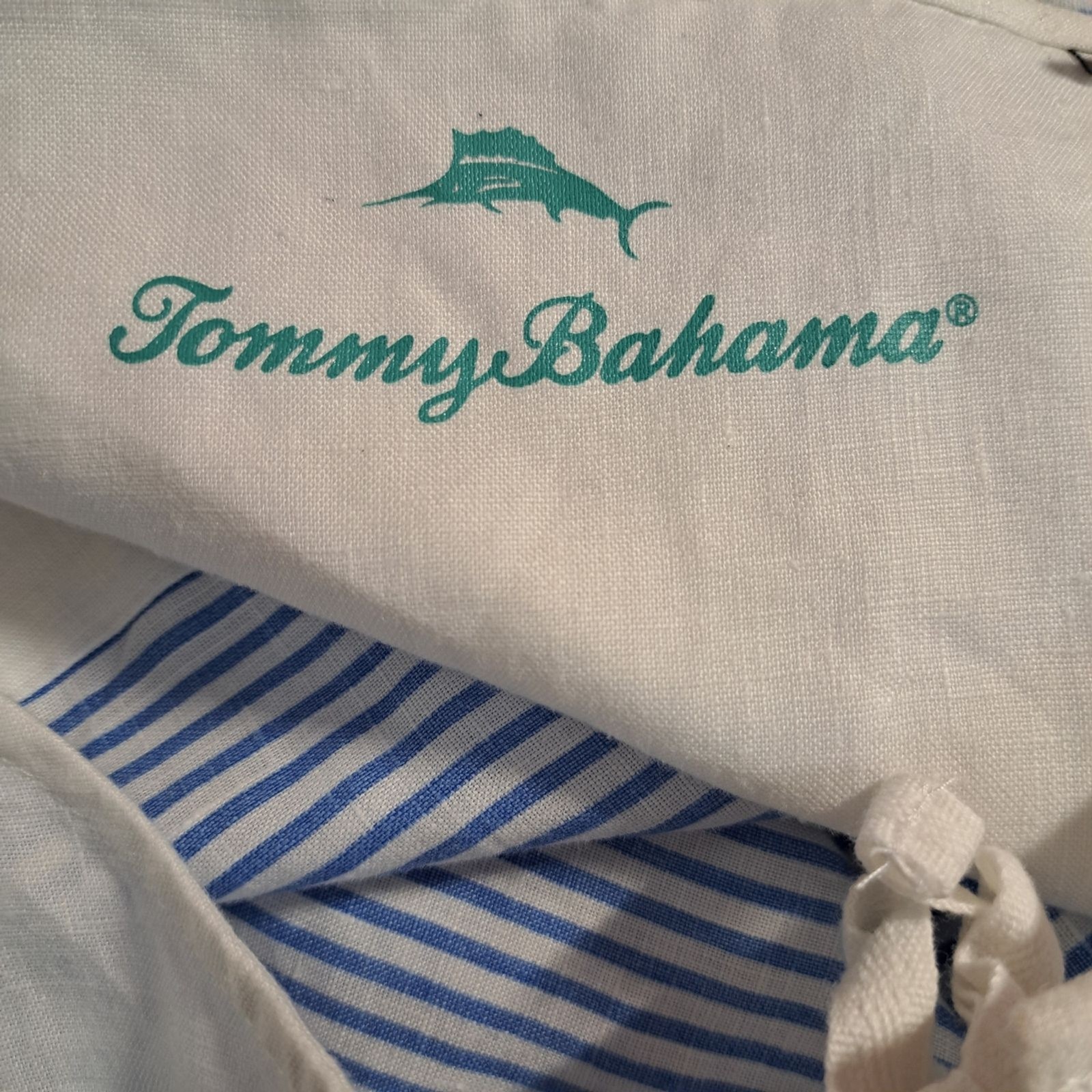 Tommy Bahama Crystaline Water Blue White Linen Lace Up Henley Shirt Top Medium