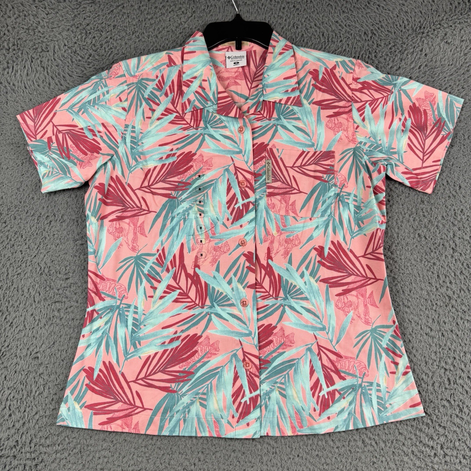 Columbia River Resort Shirt Womens Medium Pink Tropical Floral Hawaiian Button