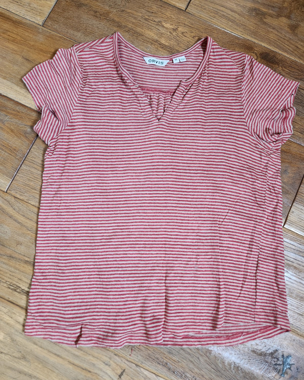 Orvis Red White Striped Knit Cotton V-Neck Short Sleeve Ruched T-Shirt Size M