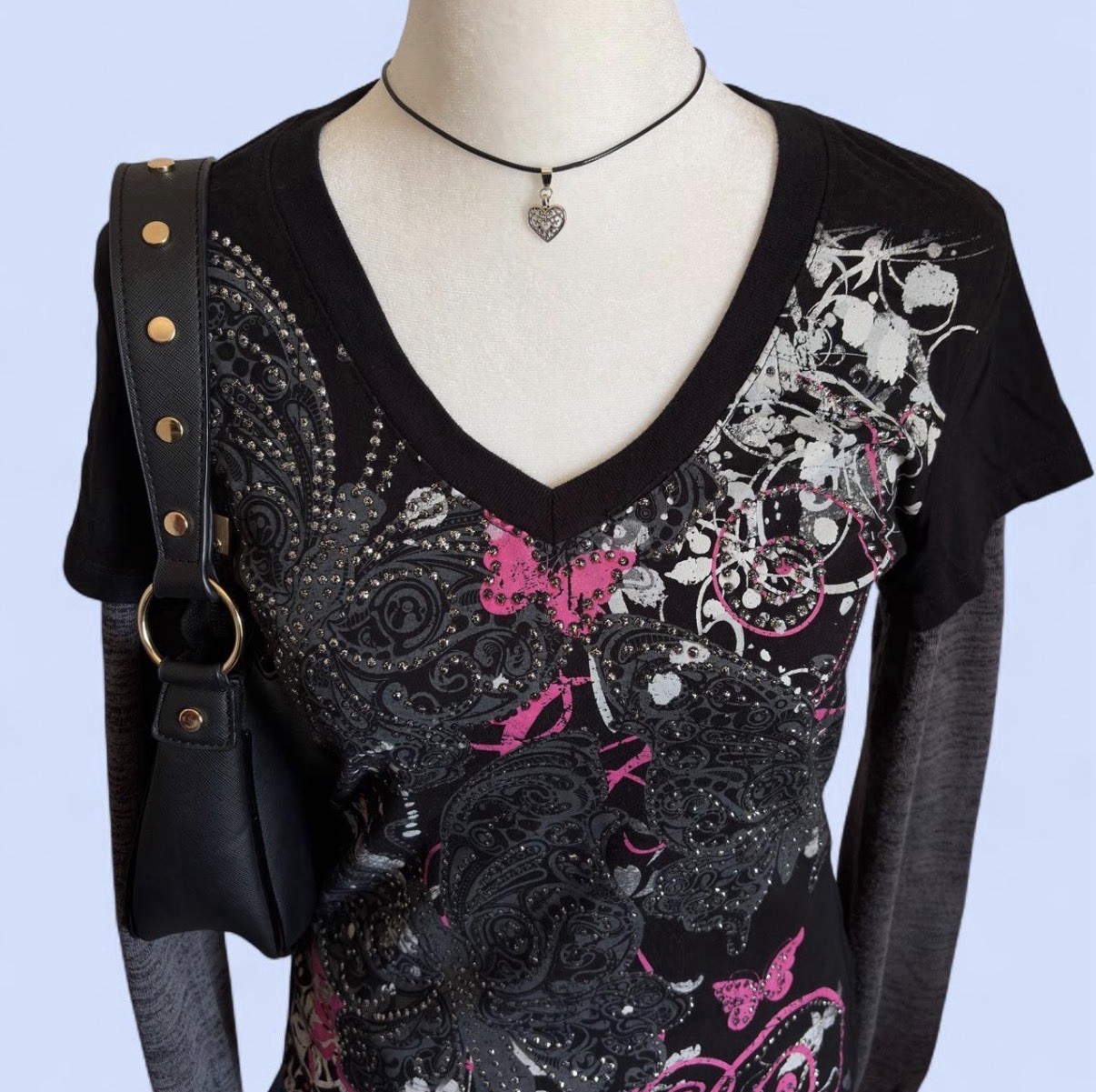 Y2k Bongo Women’s Black Gray Pink V-Neck Long Sleeve Butterfly Rhinestone Tee L