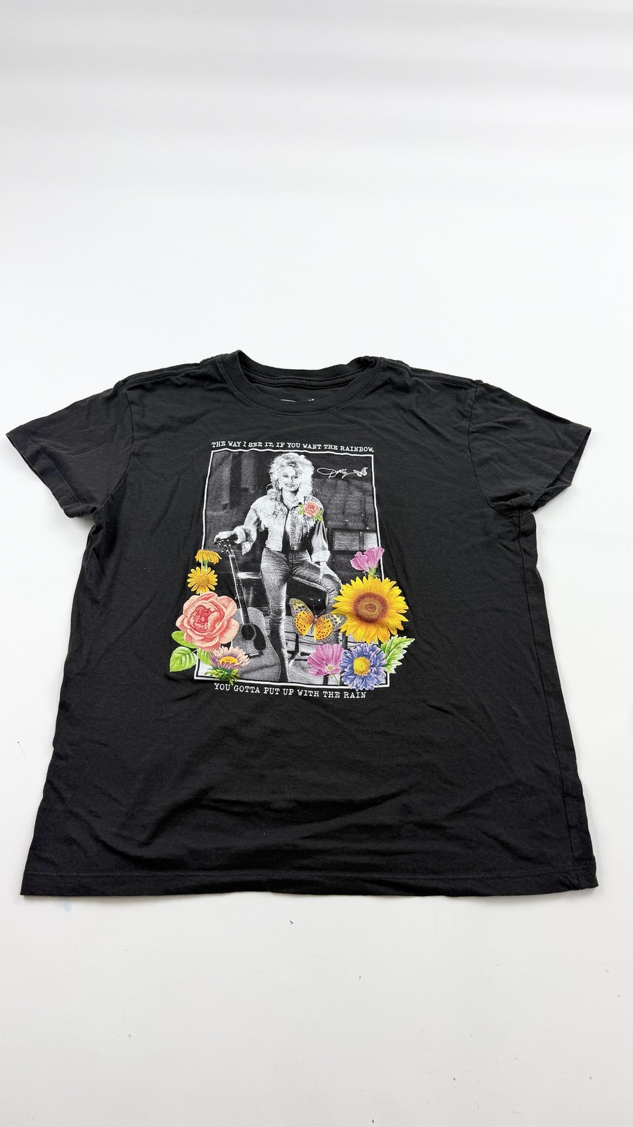 Dolly Parton Shirt Womens Medium Black Rainbow Quote Flowers Country Music Tee