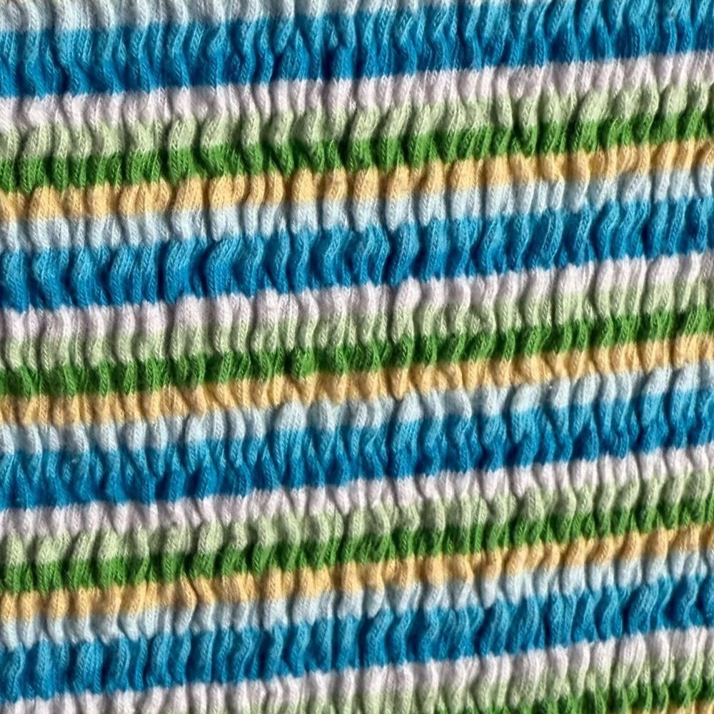 Vintage Faded Glory Top Size M 8/10 Stretch Green Stripe Ruffle Smocked y2K BOHO