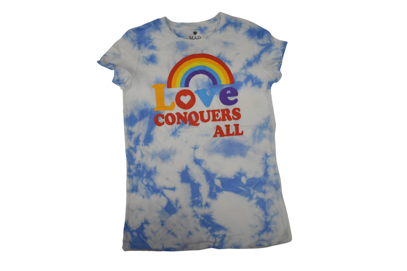 Mad Engine Juniors Gay Pride Love Conquers All Rainbow Tie Dye Shirt New XS-2XL