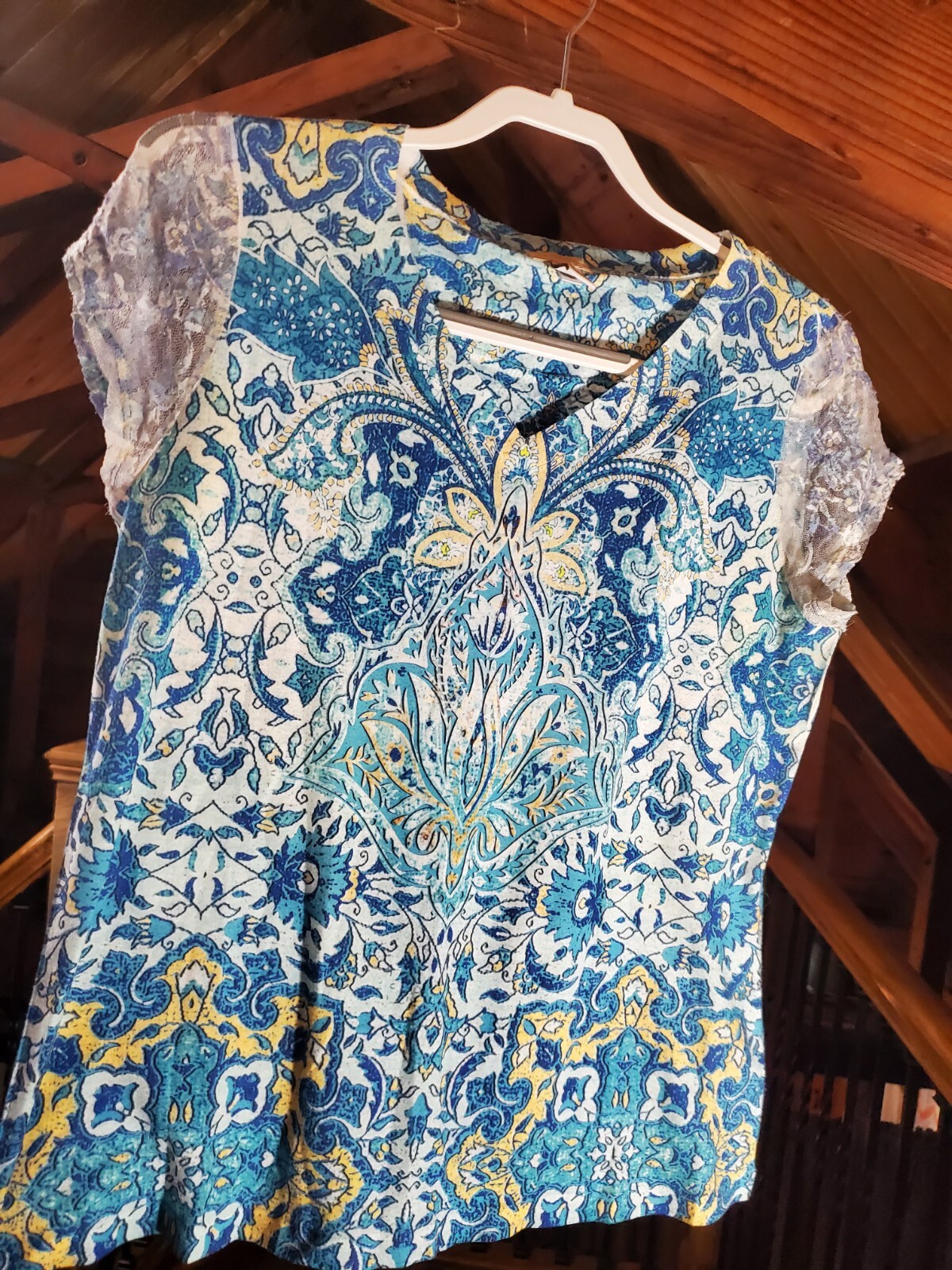 Chicos Womens Blouse Top Small Blue Multicolor Lace Short Slv Floral Boho