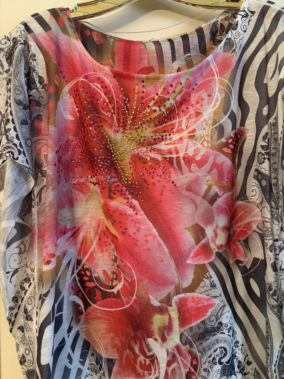 Style & Co Rhinestone Lily Sublimation bat wing Sleeves Tie Up Sides Top EUC XL