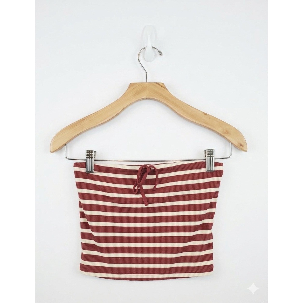 Aerie Womens Top Size XS Striped Coquette Tube Burg Cream Built-in Bra Tie Front