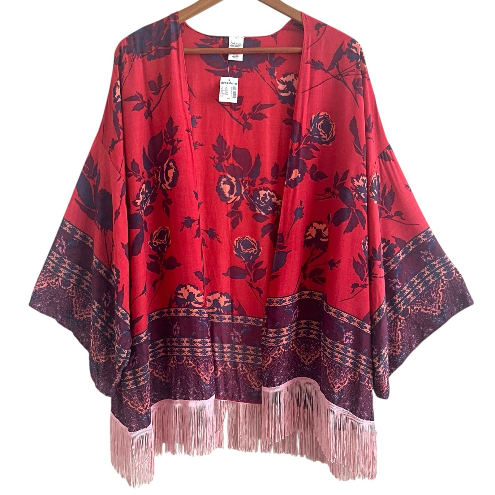 Boho Floral Fringe Kimono Duster M Festival Gypsy Cardigan Layer Cover up NWT