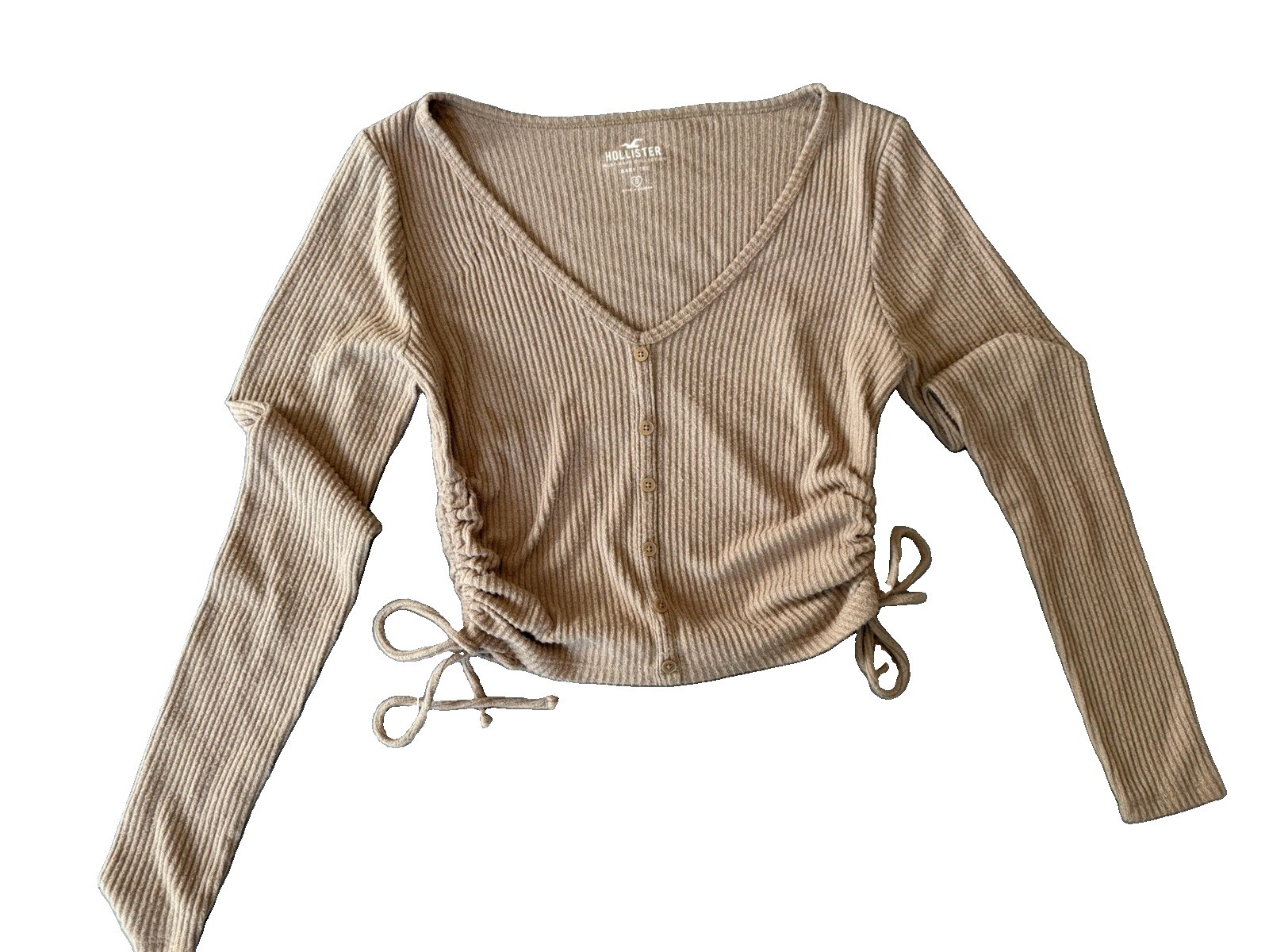 Hollister Beige Ribbed Knit V-Neck Long Sleeve Button Front Ruched Top S