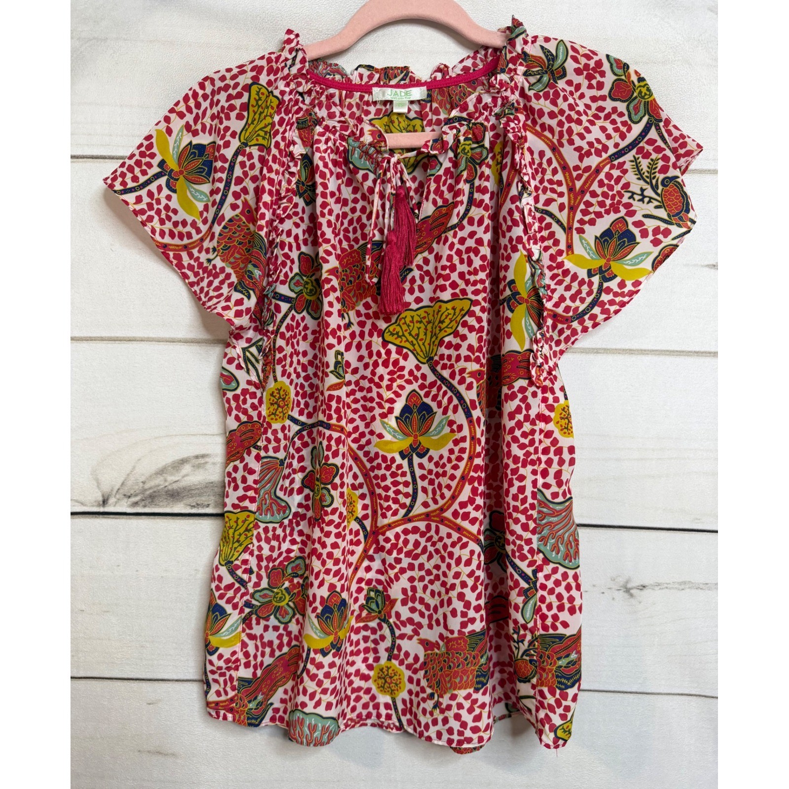 Jade Melody Tam Pink Floral Bird Print Tassel Ruffle Blouse XS Short Sleeve Top