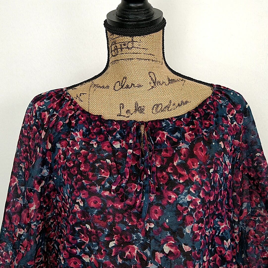 Esme & Esyllte Womens sz 12 Top Pink Floral Balloon Sleeve Scoop Neck Tie