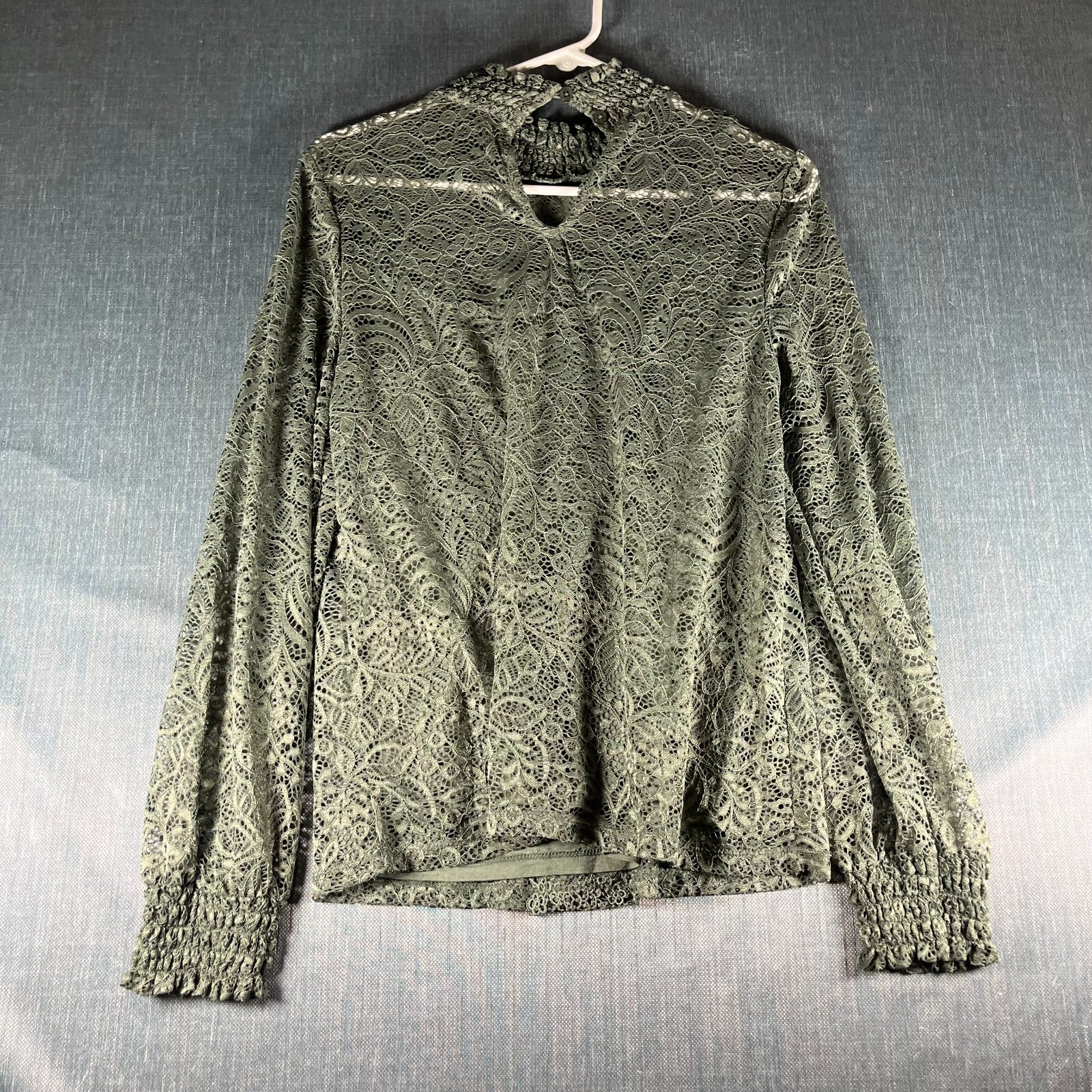 Cable & Gauge Women Blouse Top Size S Olive Green Stretch Lace Overlay Mock Neck