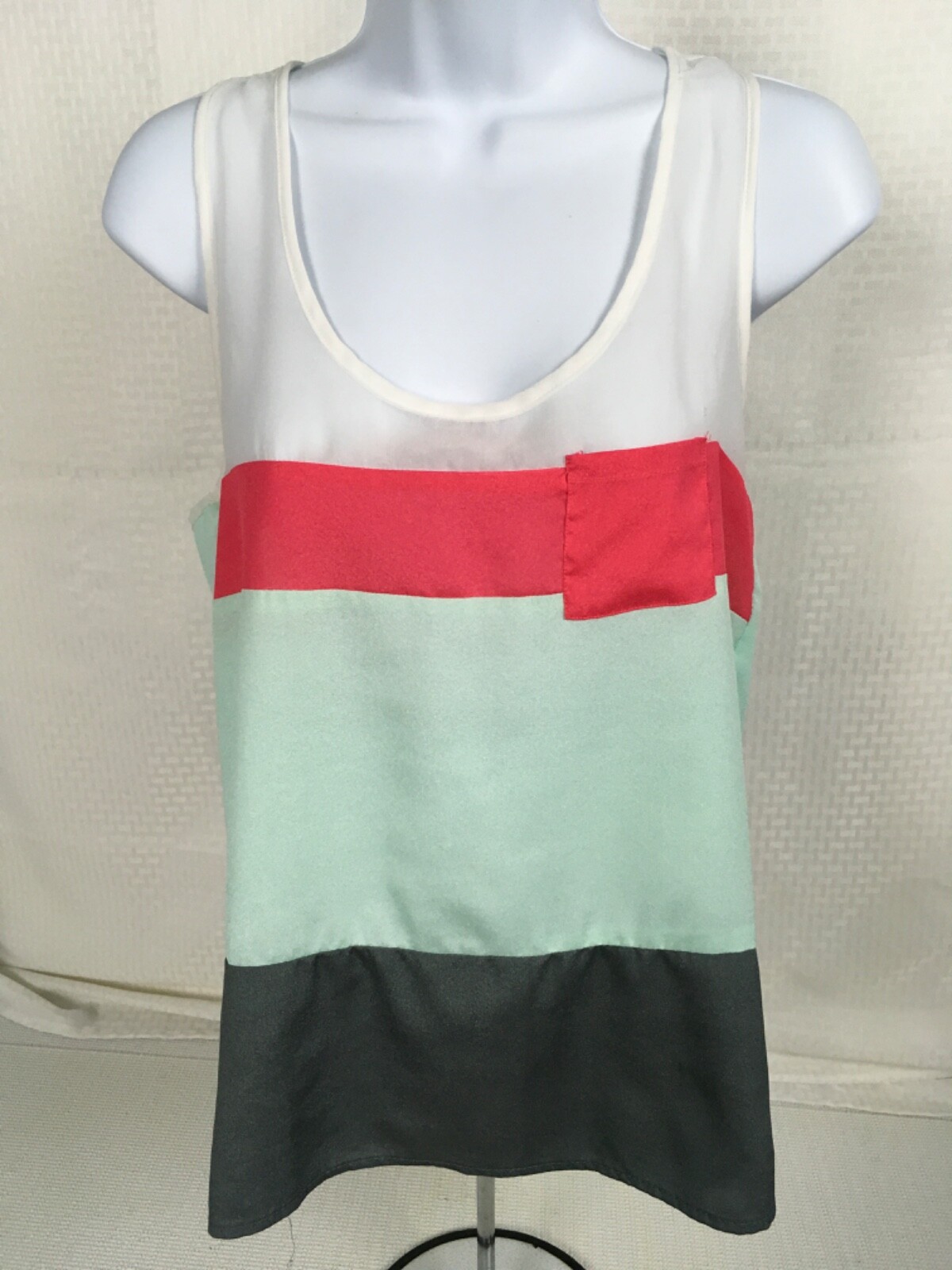 Ambiance Apparel Tank Top Sz M Semi Sheer Dark Gray Green Pink Pocket Scoop Neck