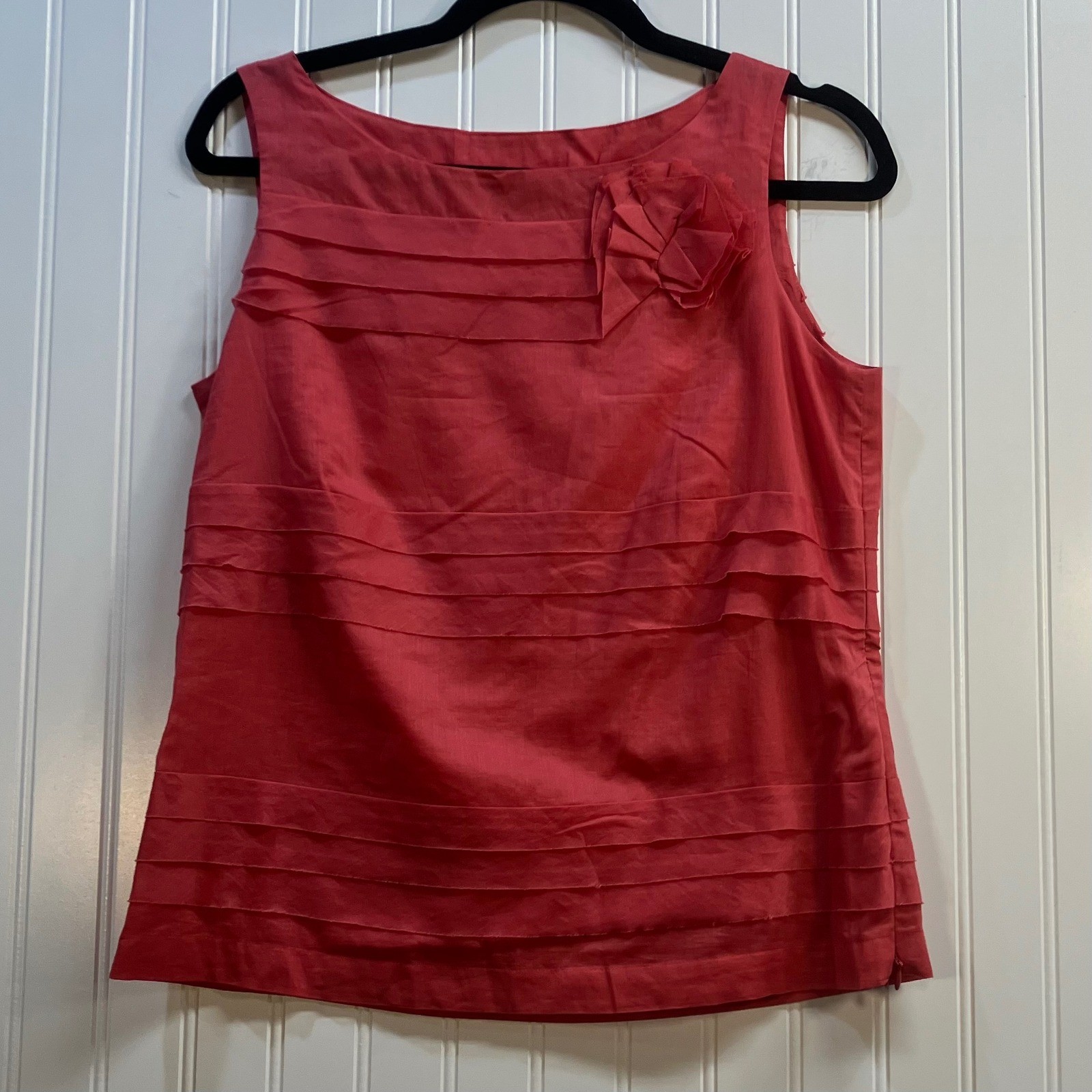 Talbots Coral Pink Cotton Tiered Pleated Rosette Sleeveless Blouse Top 4 Coastal