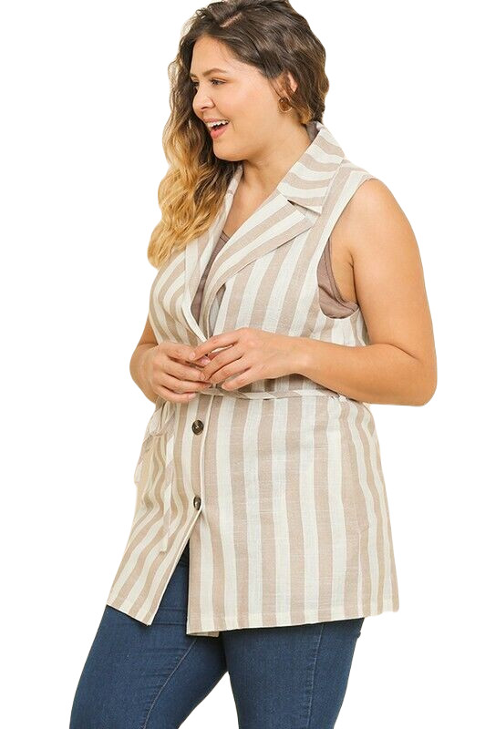 XL- PLUS 1XL GIGIO by UMGEE LATTE Striped Belted Button Pockets VEST/TOP BHCS