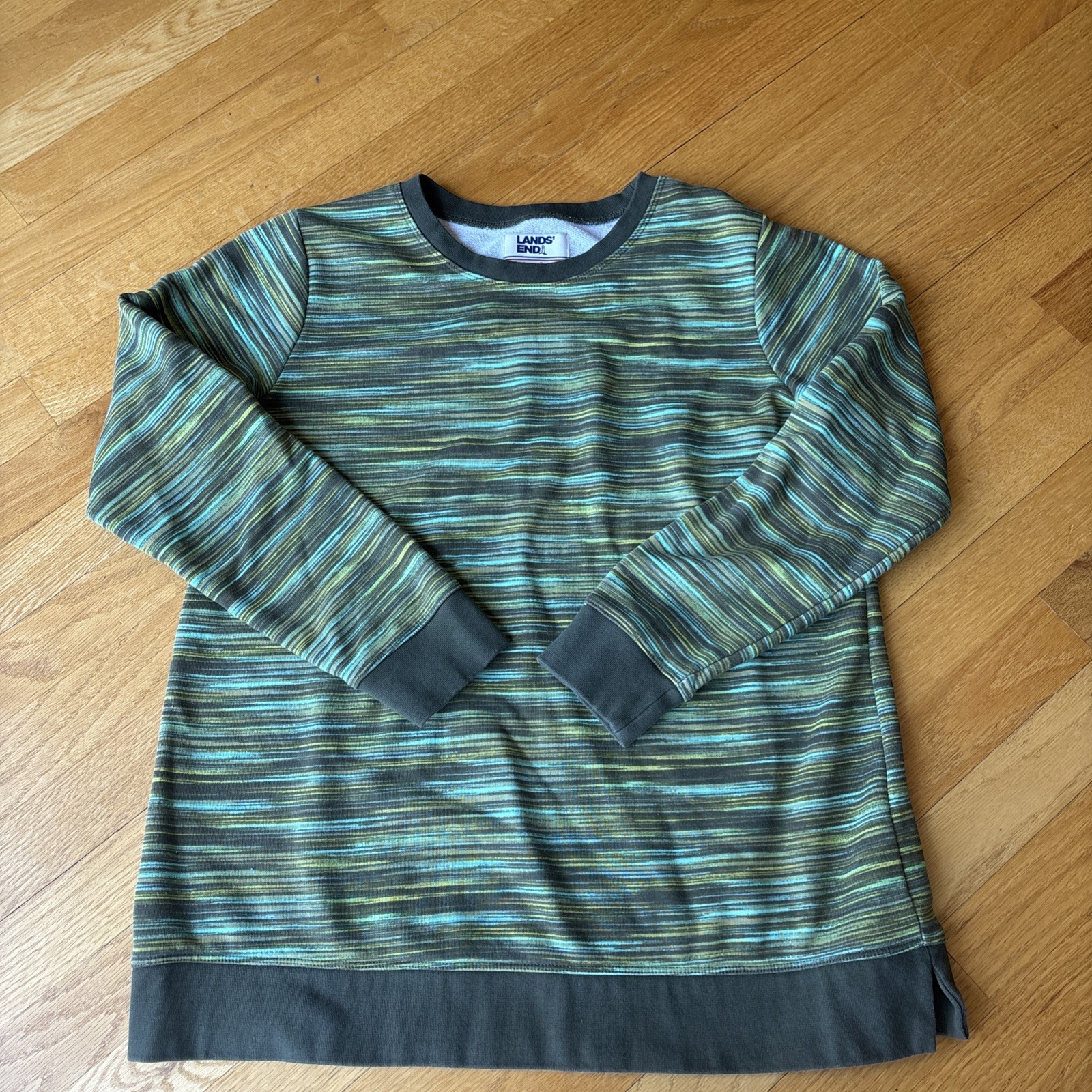 Lands End Women’s Size M 10-12 Green/Blue Stripe Lined Long Sleeve Shirt