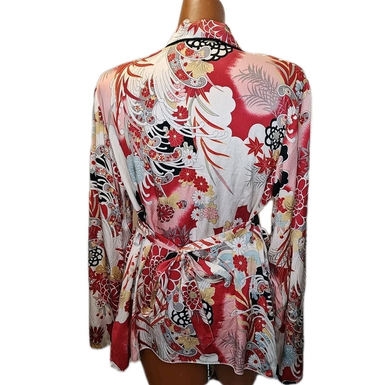 Vtg Jonathan Martin Sz XL Silk Faux Wrap Blouse Japanese Floral Y2k Babydoll Top