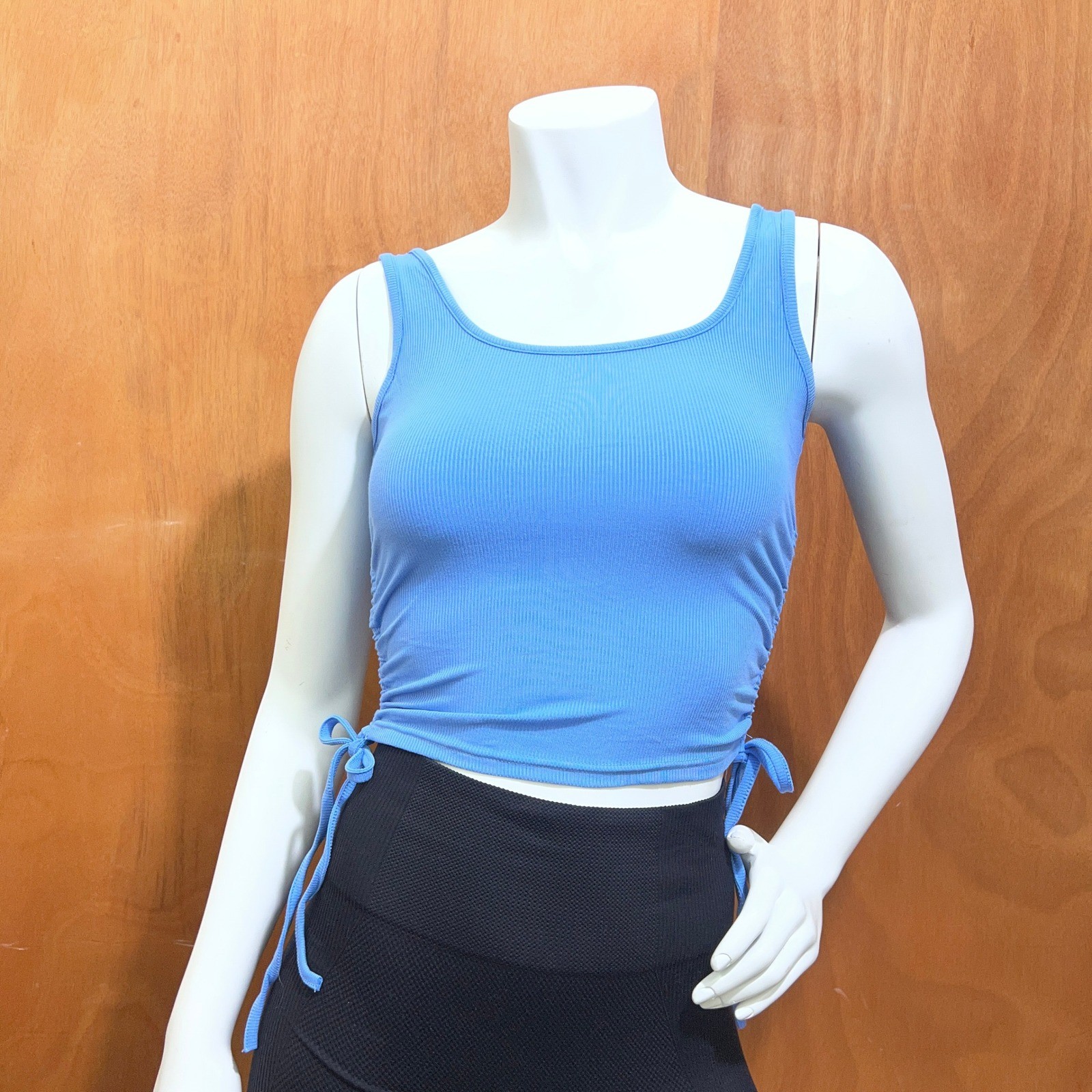 Women’s Blue Ribbed drawstring Ruched Side Ties Tank Top Size L