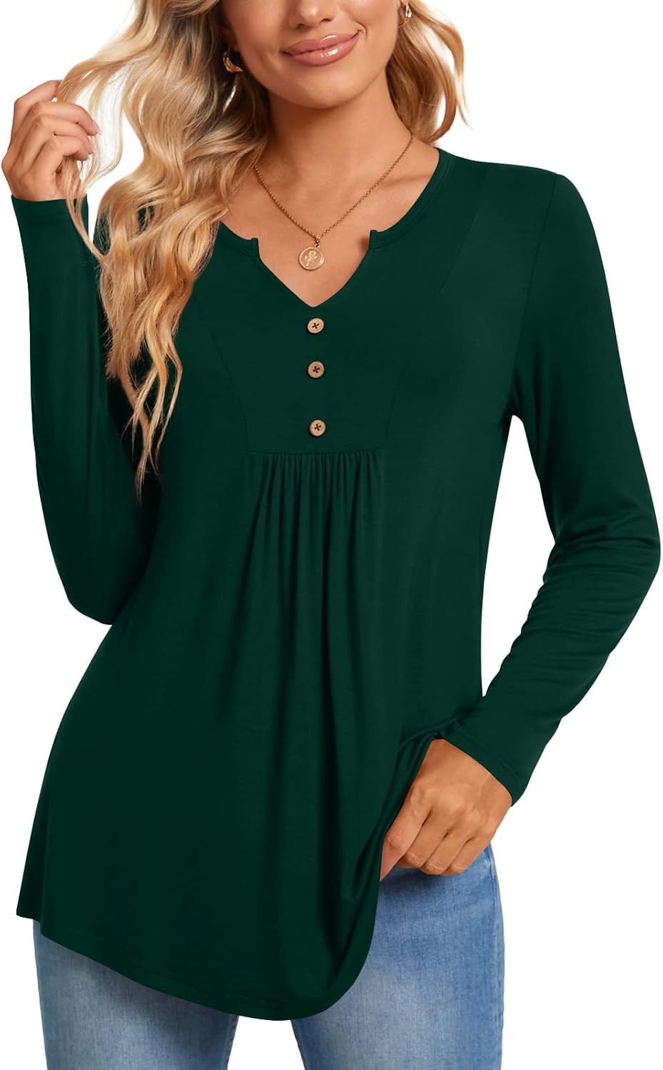 Womens Long Sleeve Tops Henley Shirt V-neck Down Blouse Casual Pleated Pullover