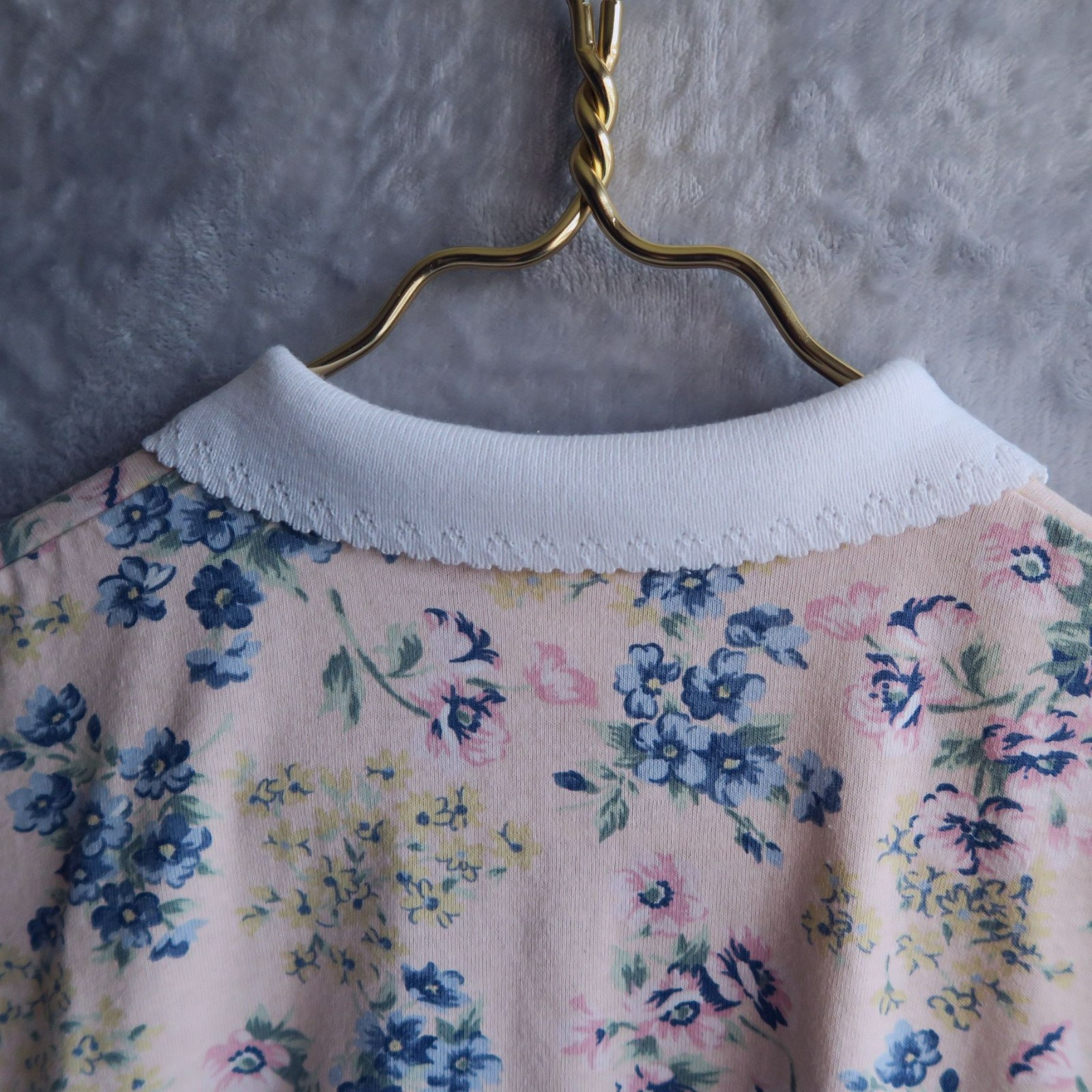 CASCADE BLUES Pastel Pink Floral Print Polo Shirt Size M Pointelle Collar Boxy