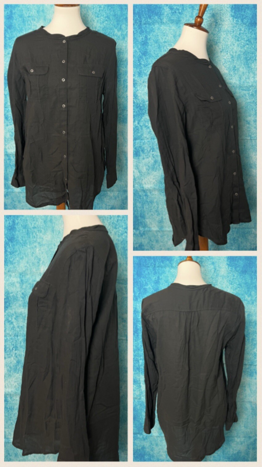 Gap Button Up Black Cotton Collarless Long Sleeve Tunic Blouse Size M