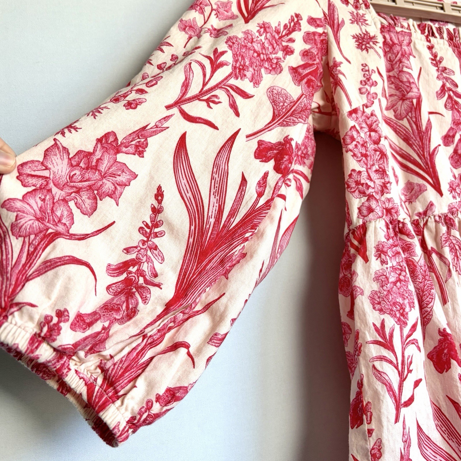 Victoria Dunn Floral Print LS Blouse XS Gathered Waist Square Neck Prairie EUC