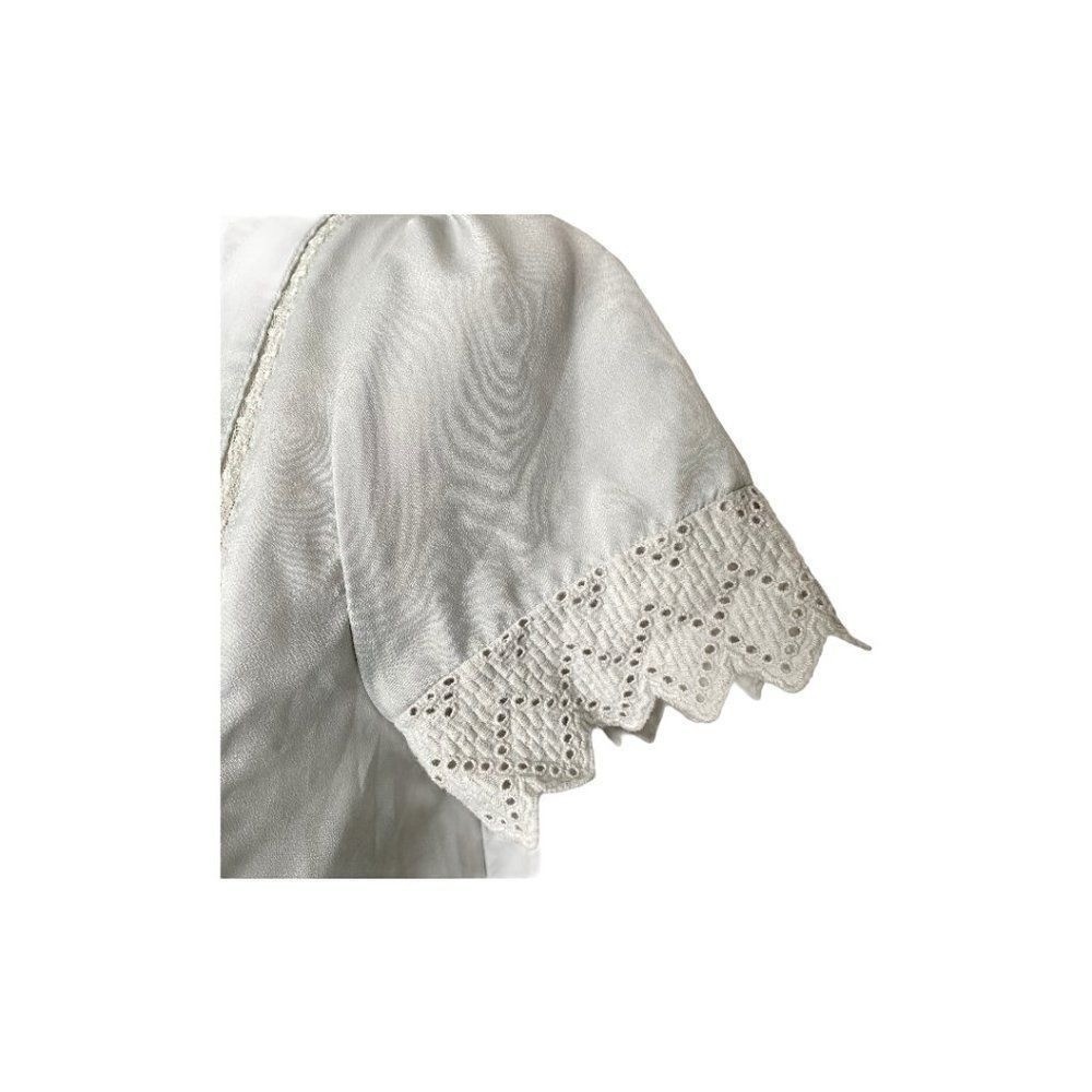Cottagecore Coquette Eyelet Lace Satin Blouse Puff Sleeve Crochet Pleated S Grey