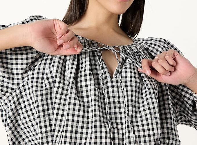 The Drop Womens Shirred Neck Cotton Bubble Hem Top Black/White Gingham XXL