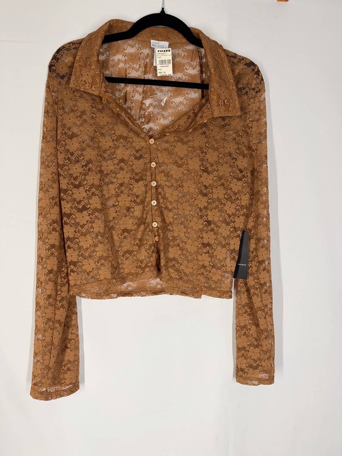 West of Melrose Floral Lace Collared Long Sleeve Button-Up Top Rust XL