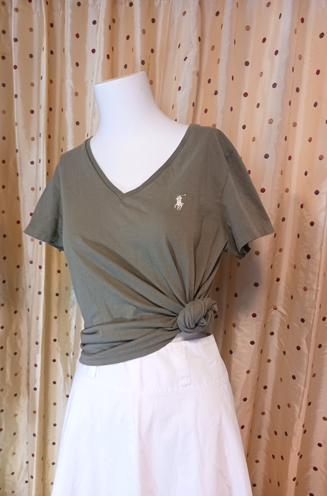 Polo Ralph Lauren Women’s Short Slv V-Neck Olive Green T-Shirt White Pony Sz L