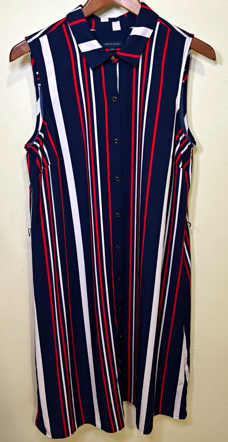 Tommy Hilfiger Women’s L Sleeveless Collared Button-Up Striped Dress