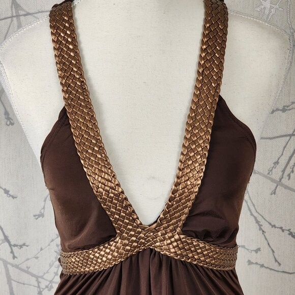 Seduction Brown Metallic Gold Woven Halter Y2K Babydoll Tank | Women’s S