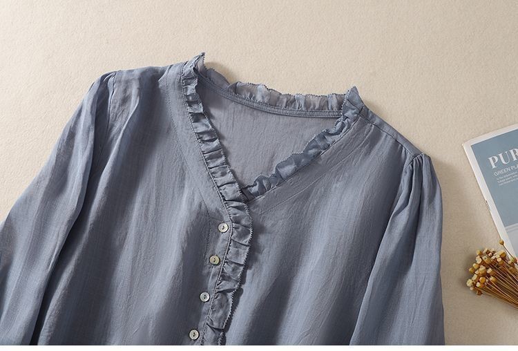 Women’s New Spring Loose V-Neck Wrinkled Sexy Shirt Long-Sleeved Comfortable Top