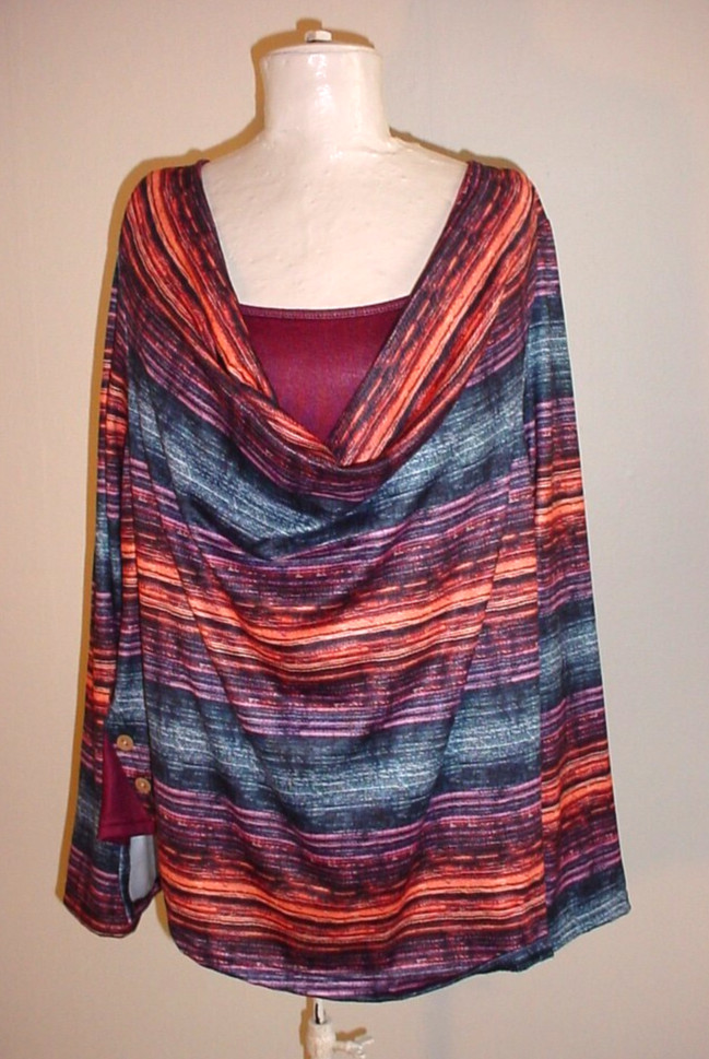 Plus Size 5XL Layered Look Top Striped Stretch Long Sleeve Draped Neckline