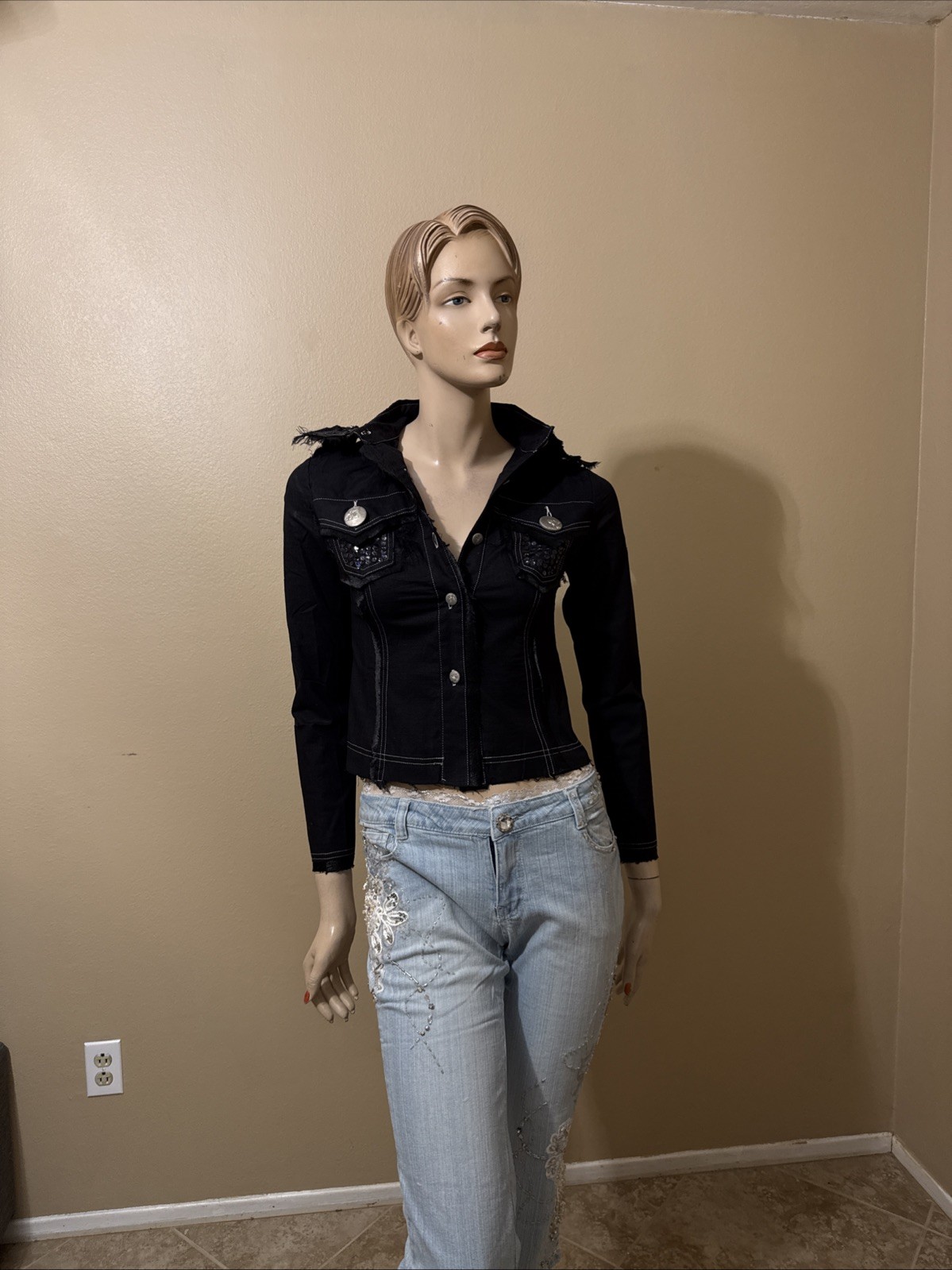 Women’s Black Rayon Casual Stretch Slim Beads Collar Size L Button-up Blouse Top