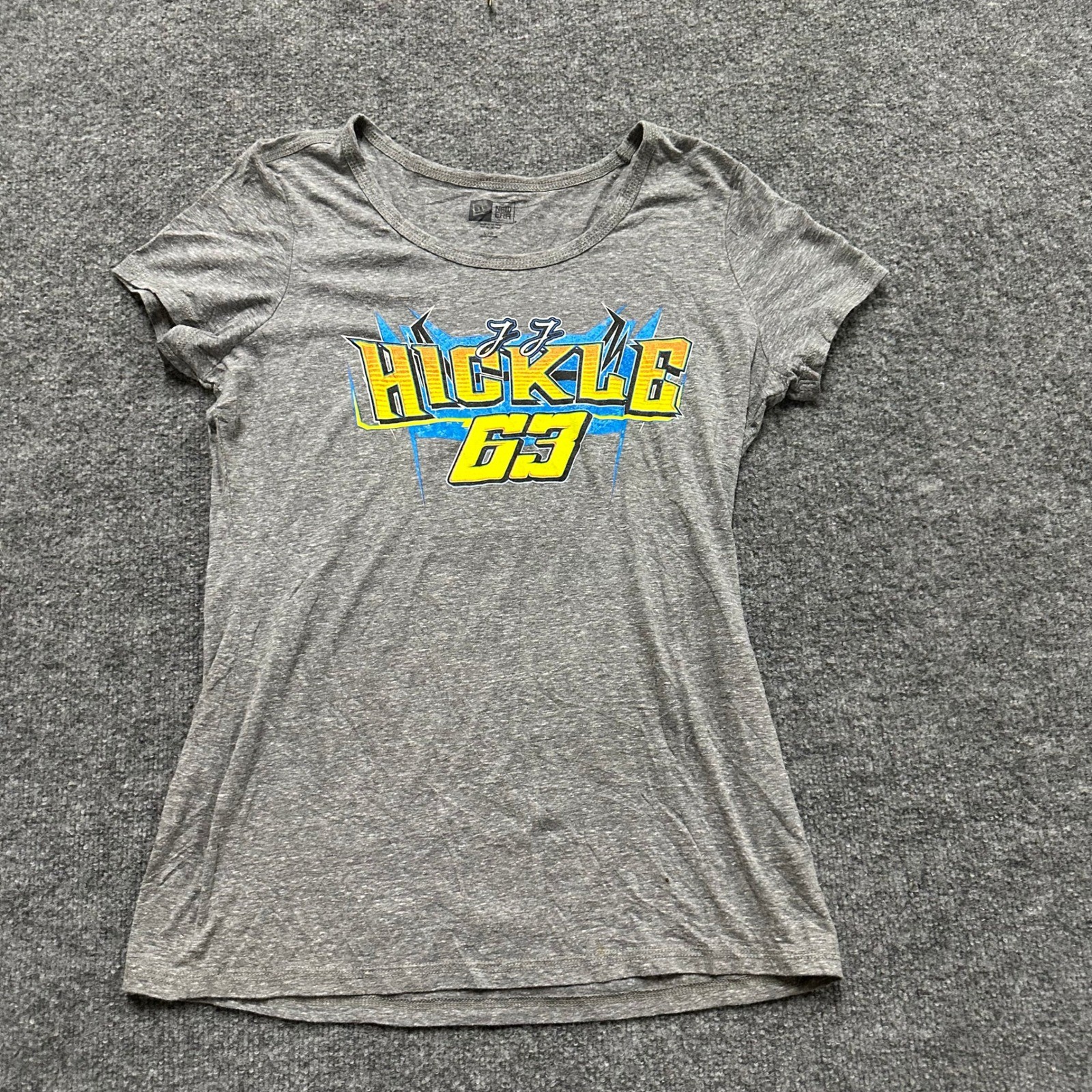 New Era T-Shirt Womens Size L Gray JJ Hickle 63 Racing Graphic Scoop Neck Tee